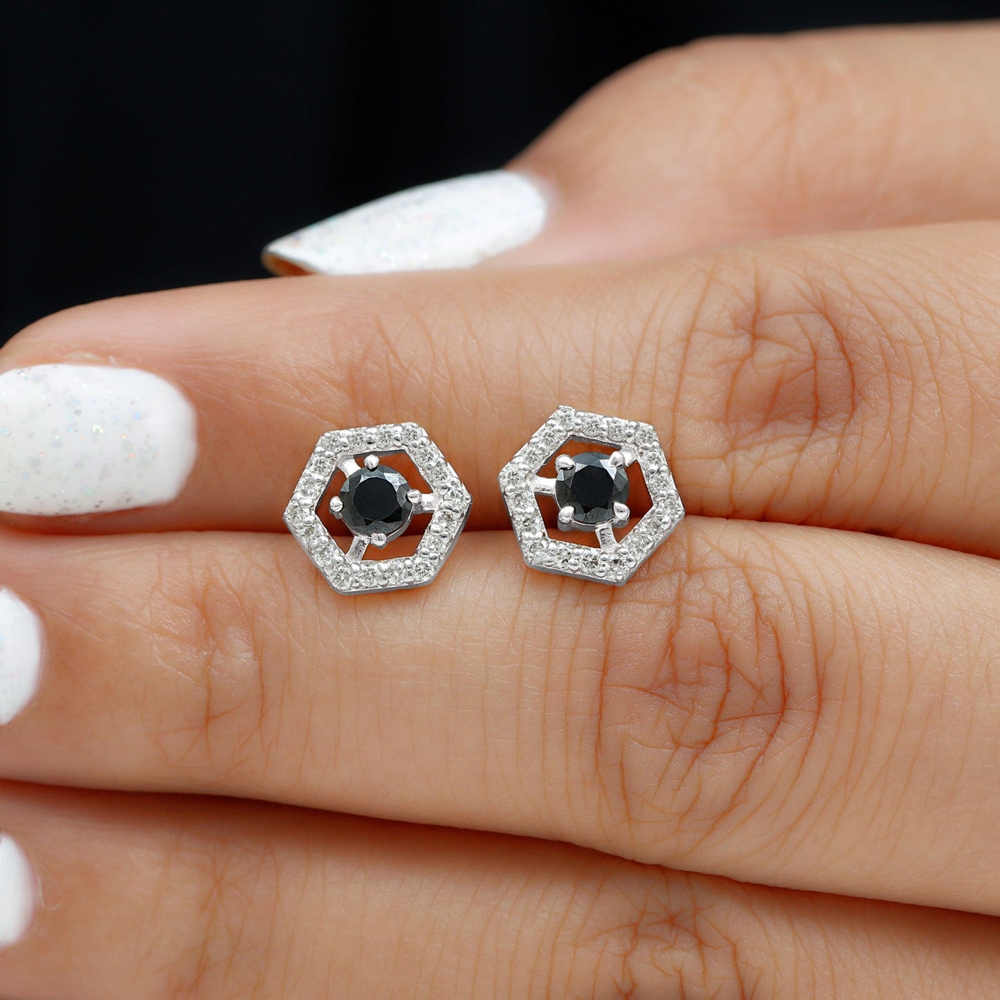Real Black Onyx Geometric Earrings with Diamond