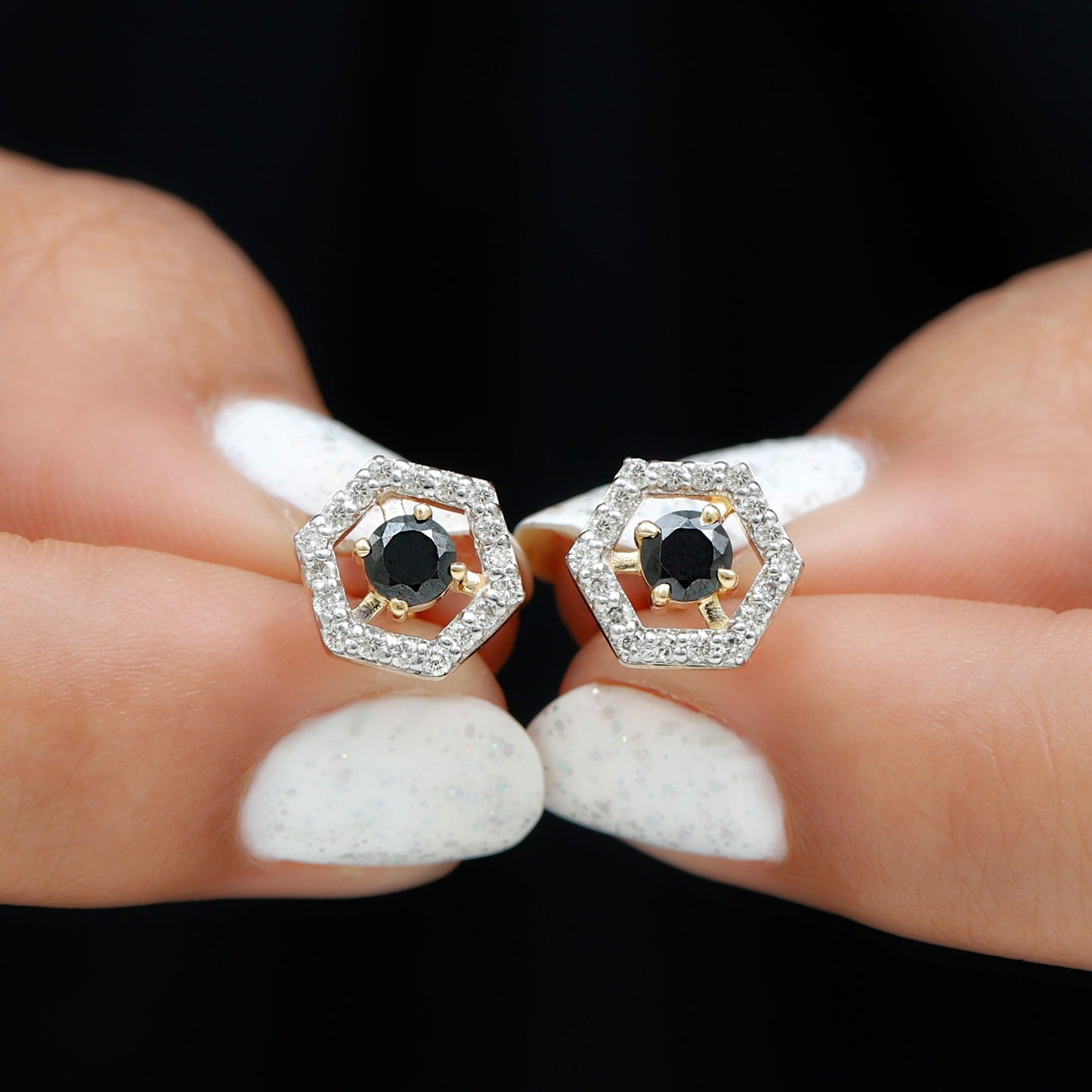 Real Black Onyx Geometric Earrings with Diamond