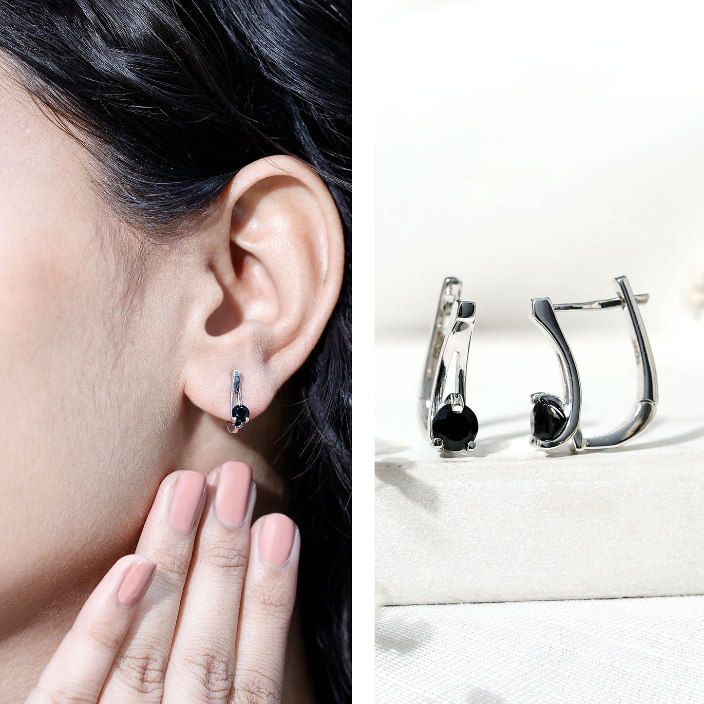 Natural Black Onyx J Hoop Earrings with Latch Back