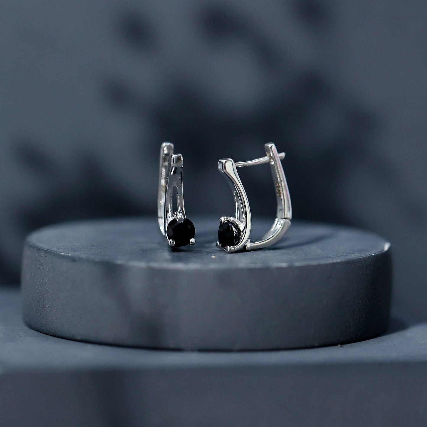 Natural Black Onyx J Hoop Earrings with Latch Back