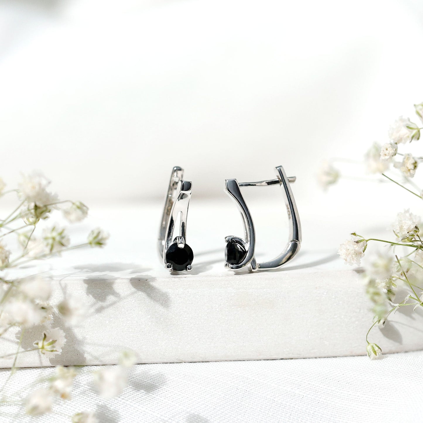 Natural Black Onyx J Hoop Earrings with Latch Back