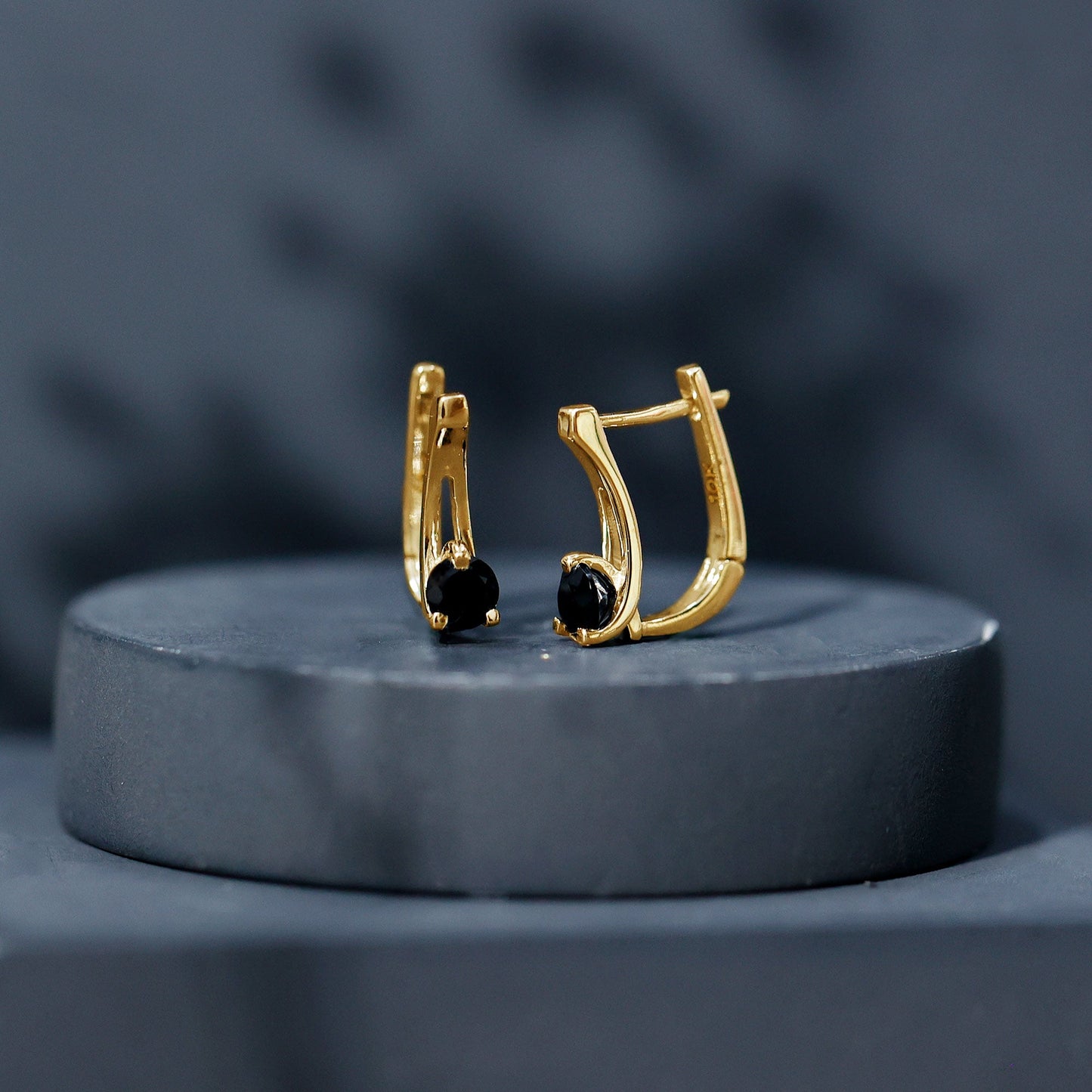 Natural Black Onyx J Hoop Earrings with Latch Back
