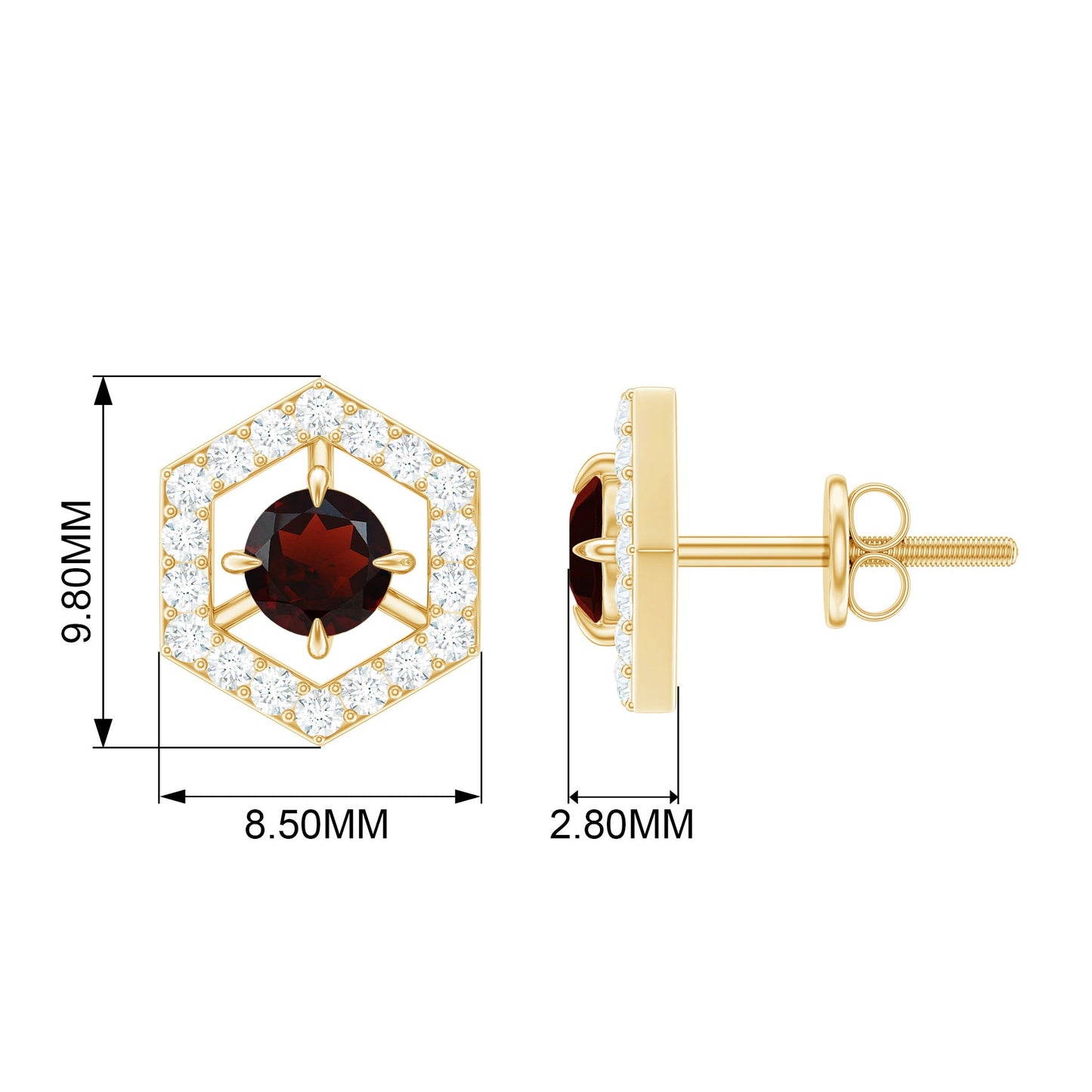 0.6 Carat Minimal Garnet and Diamond Geometric Stud Earrings