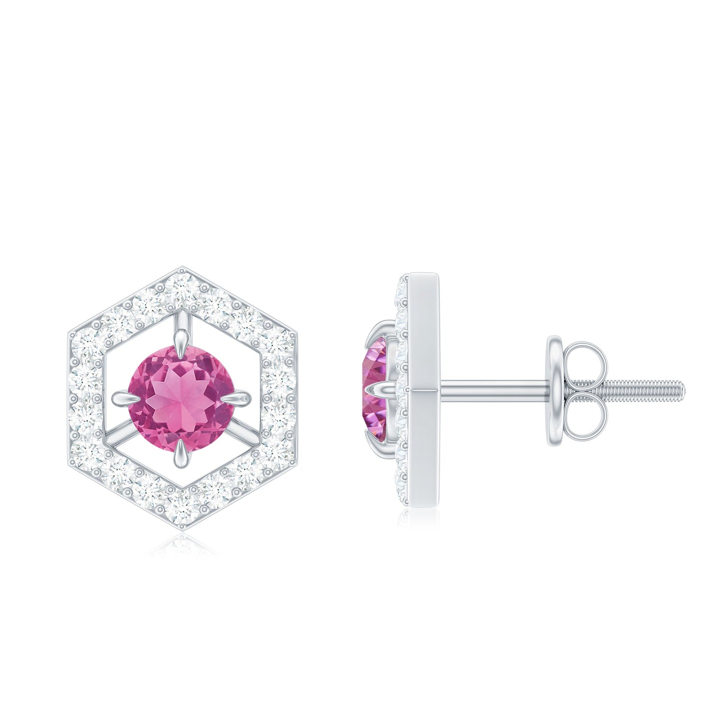 0.4 Carat Minimal Pink Tourmaline and Diamond Geometric Stud Earrings
