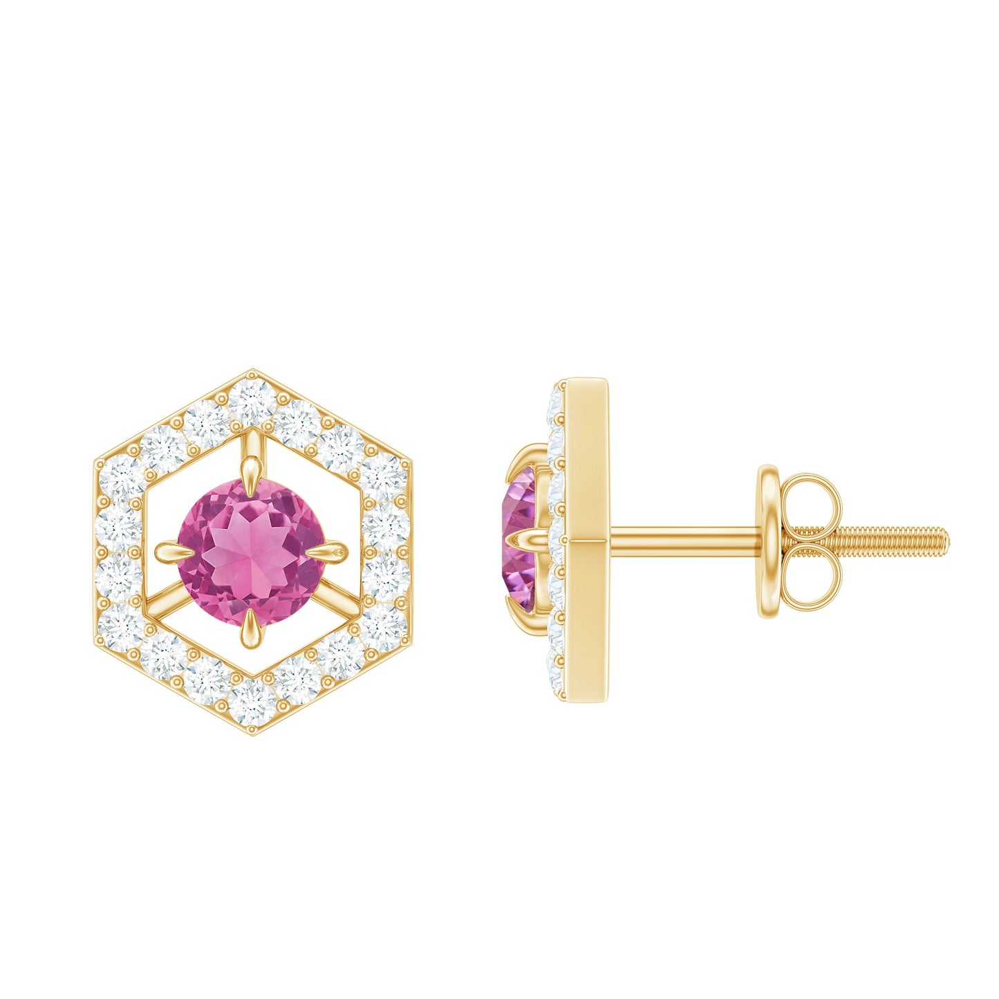 0.4 Carat Minimal Pink Tourmaline and Diamond Geometric Stud Earrings