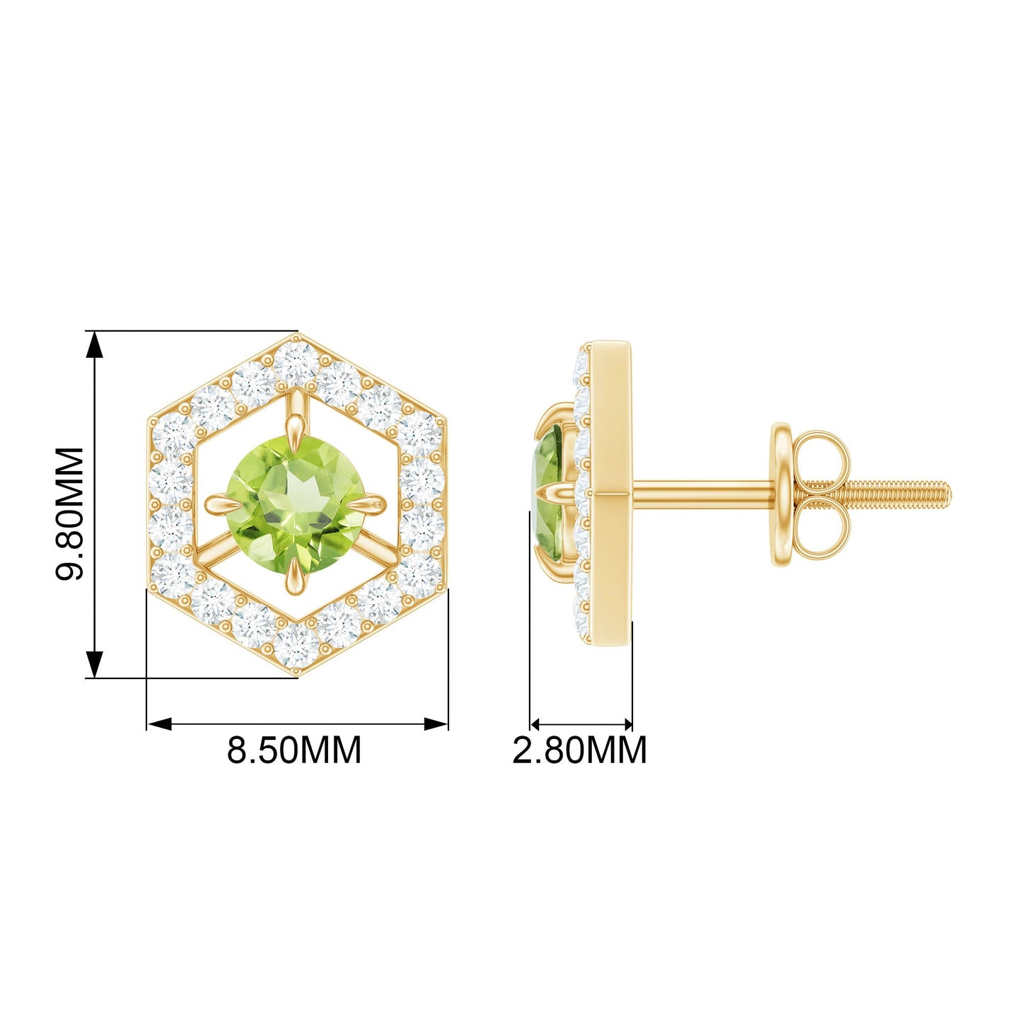 1 Carat Genuine Peridot and Diamond Geometric Stud Earrings