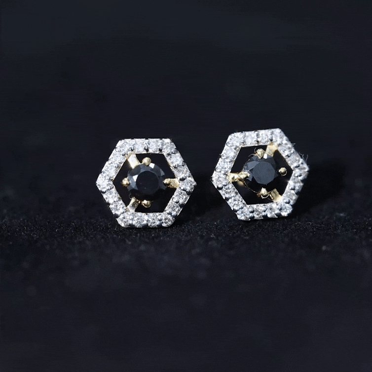 0.9 Carat Black Spinel and Diamond Hexagon Stud Earrings