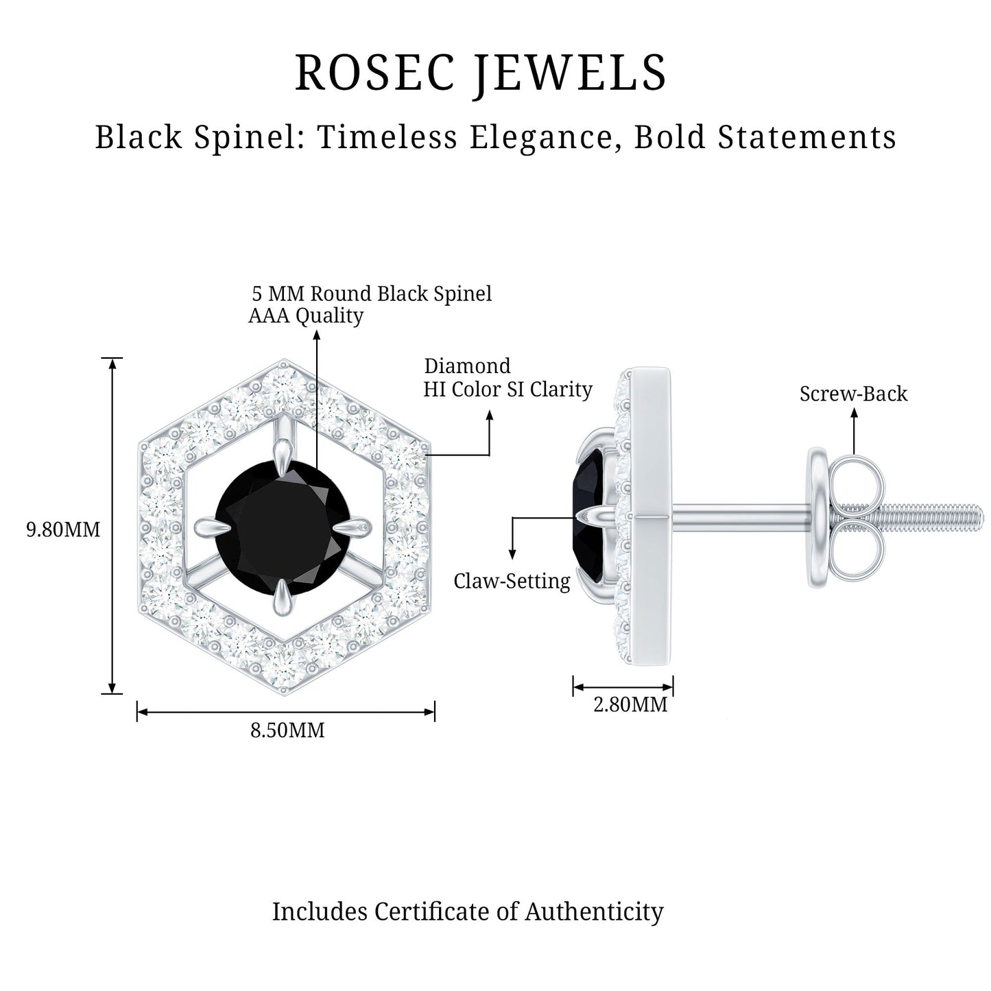 0.9 Carat Black Spinel and Diamond Hexagon Stud Earrings