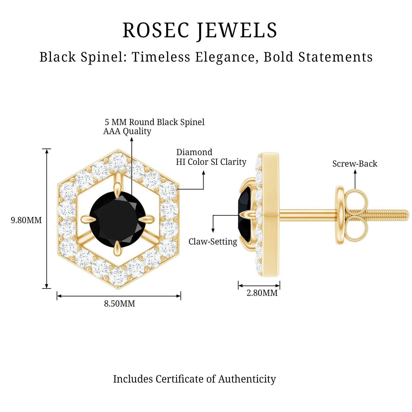 0.9 Carat Black Spinel and Diamond Hexagon Stud Earrings