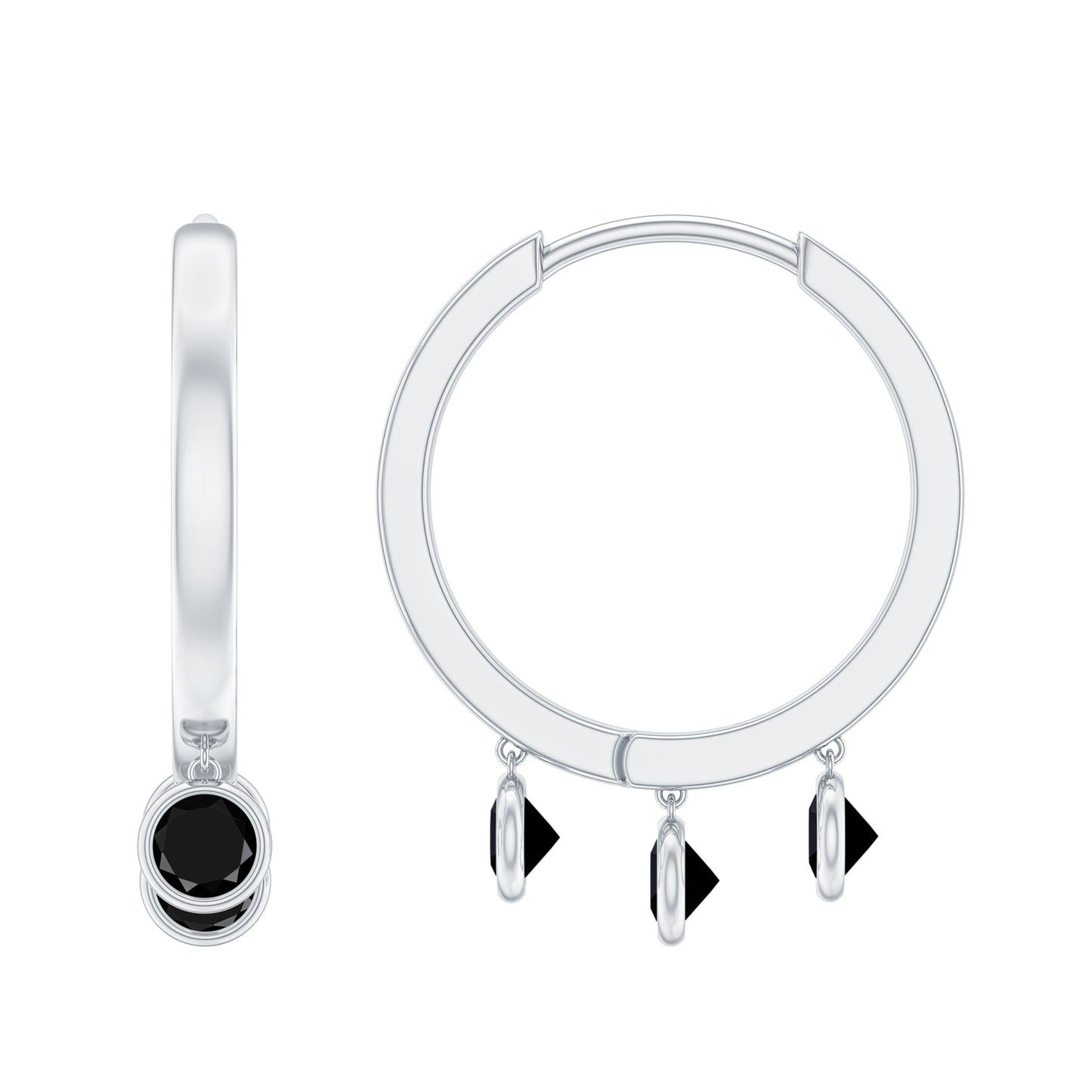 Three Stone Created Black Diamond Hoop Drop Earrings in Bezel Setting