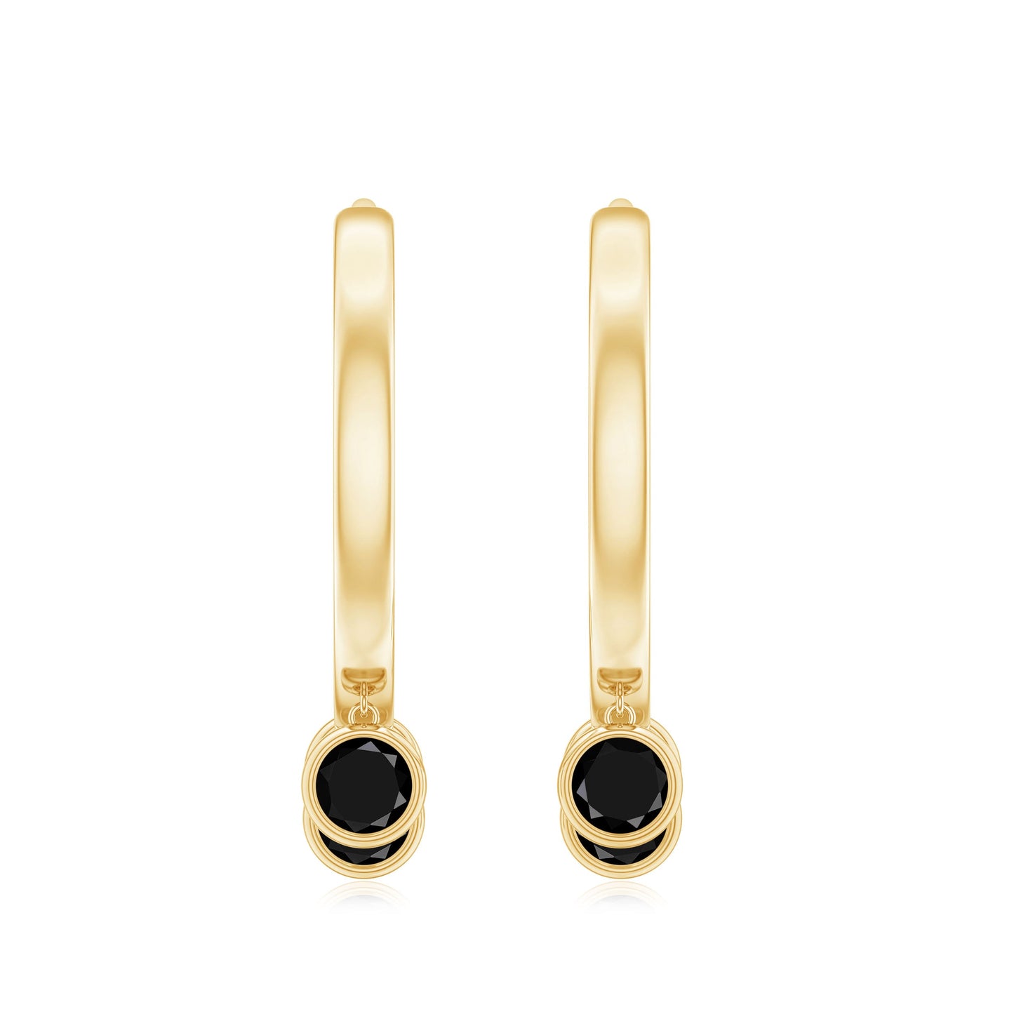 Three Stone Created Black Diamond Hoop Drop Earrings in Bezel Setting