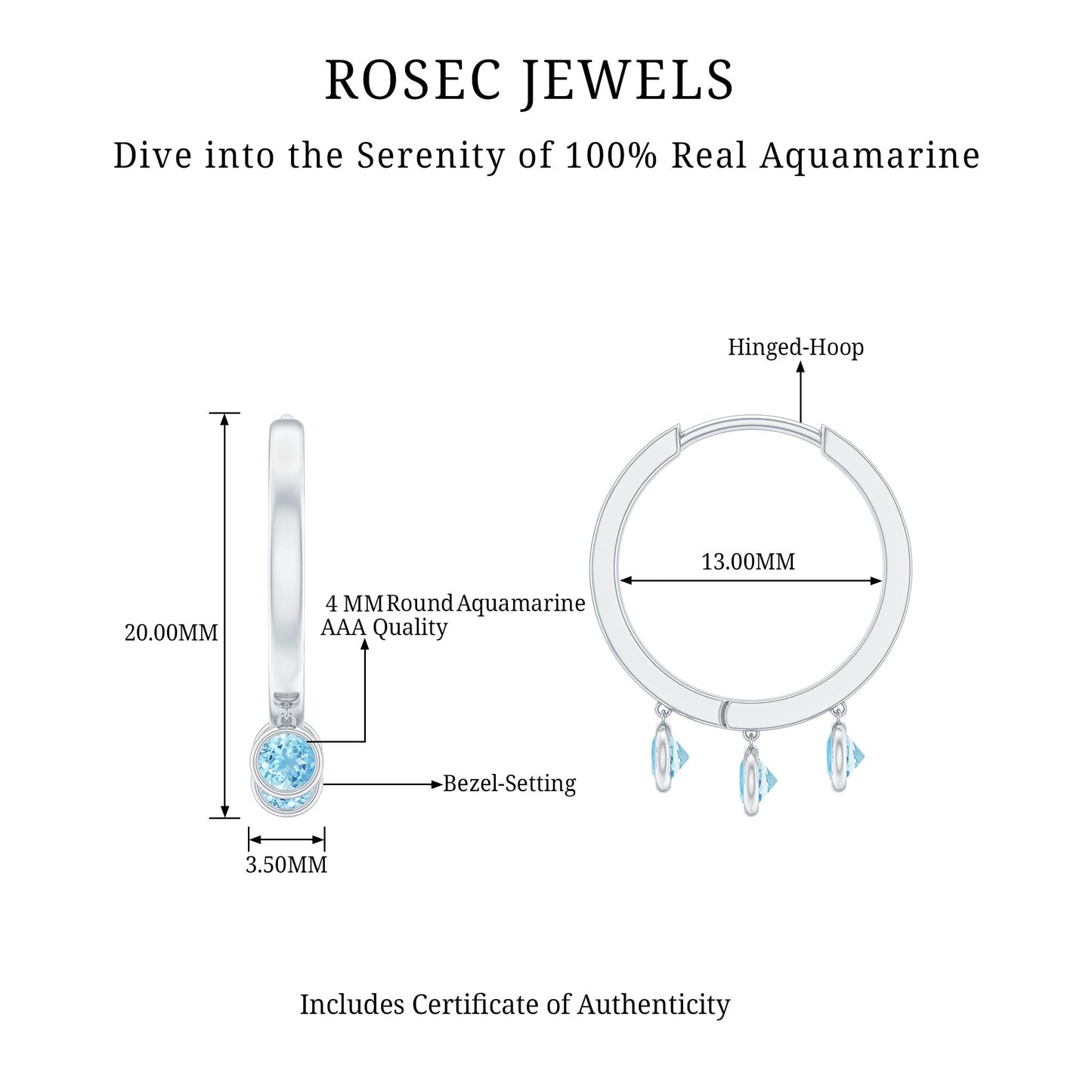 Genuine Aquamarine Hoop Earring in Bezel Setting