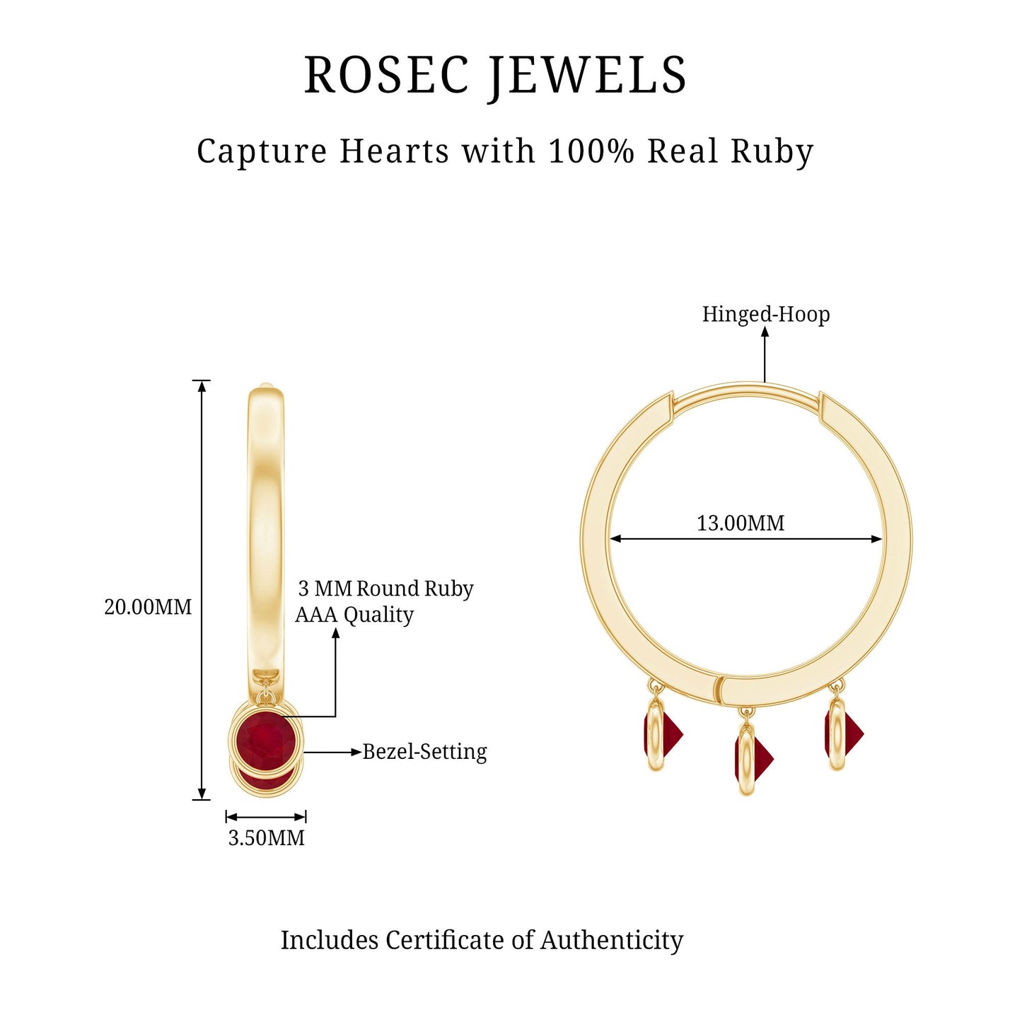 Natural Ruby Drop Hoop Earrings for Women