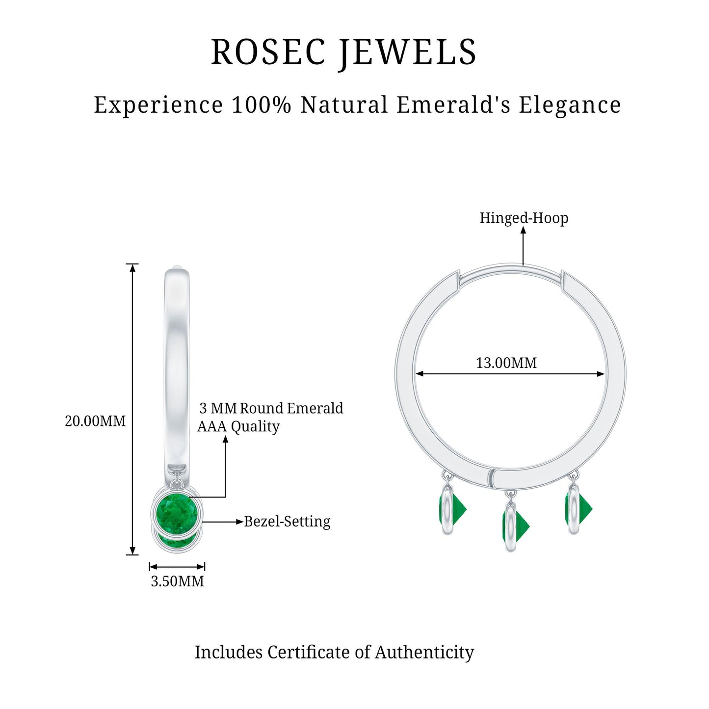 Certified Real 3 Stone Emerald Drop Hoop Earrings