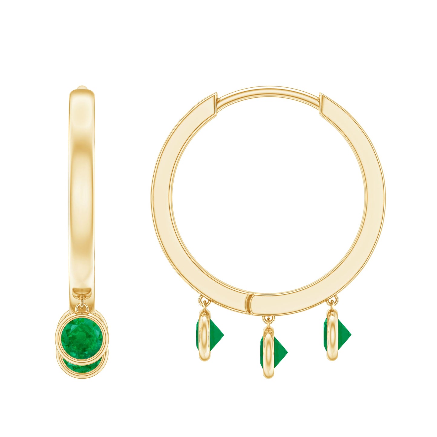 Certified Real 3 Stone Emerald Drop Hoop Earrings