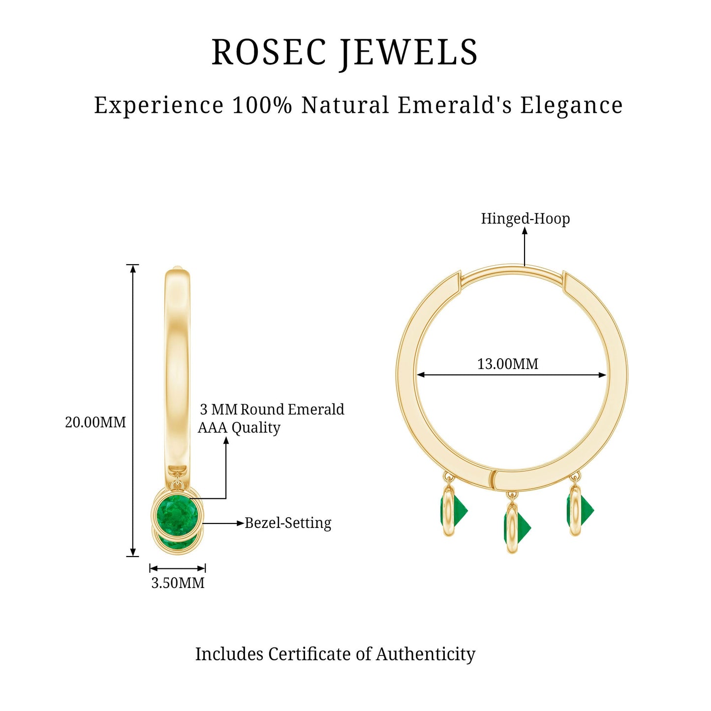 Certified Real 3 Stone Emerald Drop Hoop Earrings