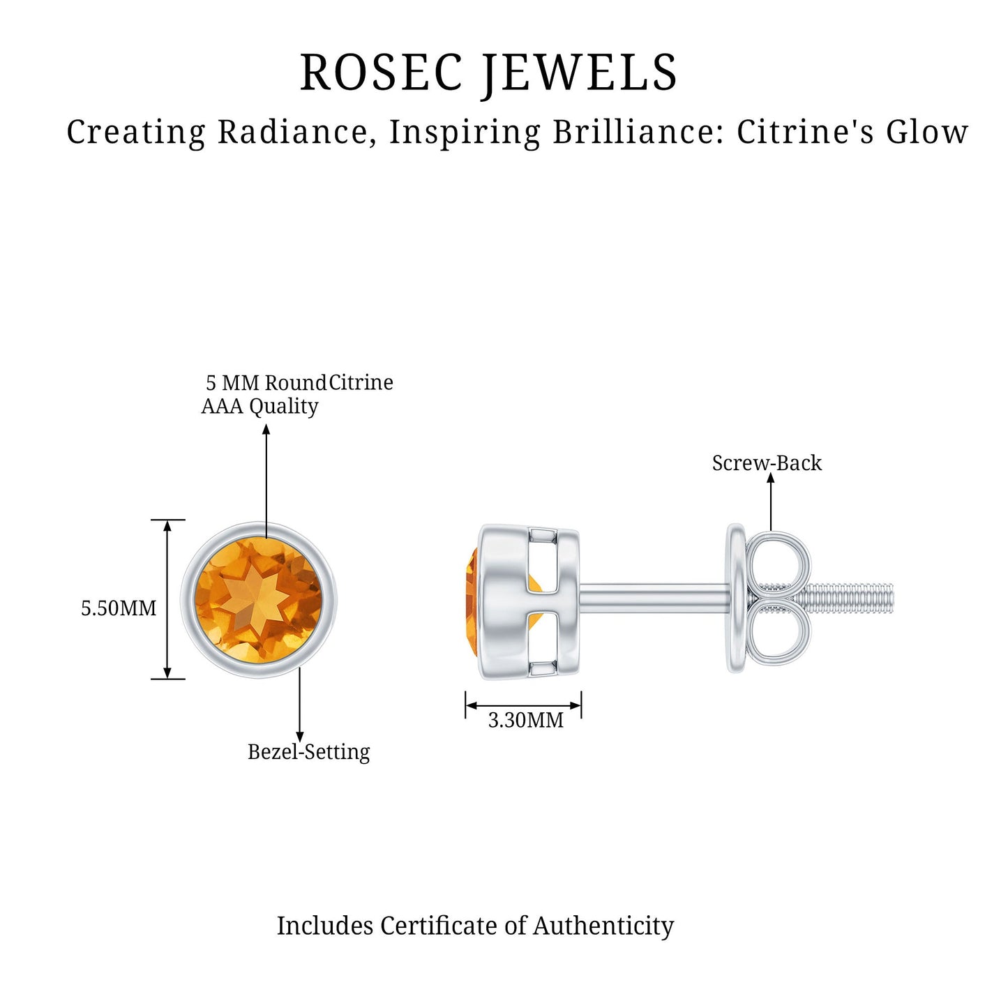 Solitaire 1 Carat Citrine Stud Earrings in Bezel Setting