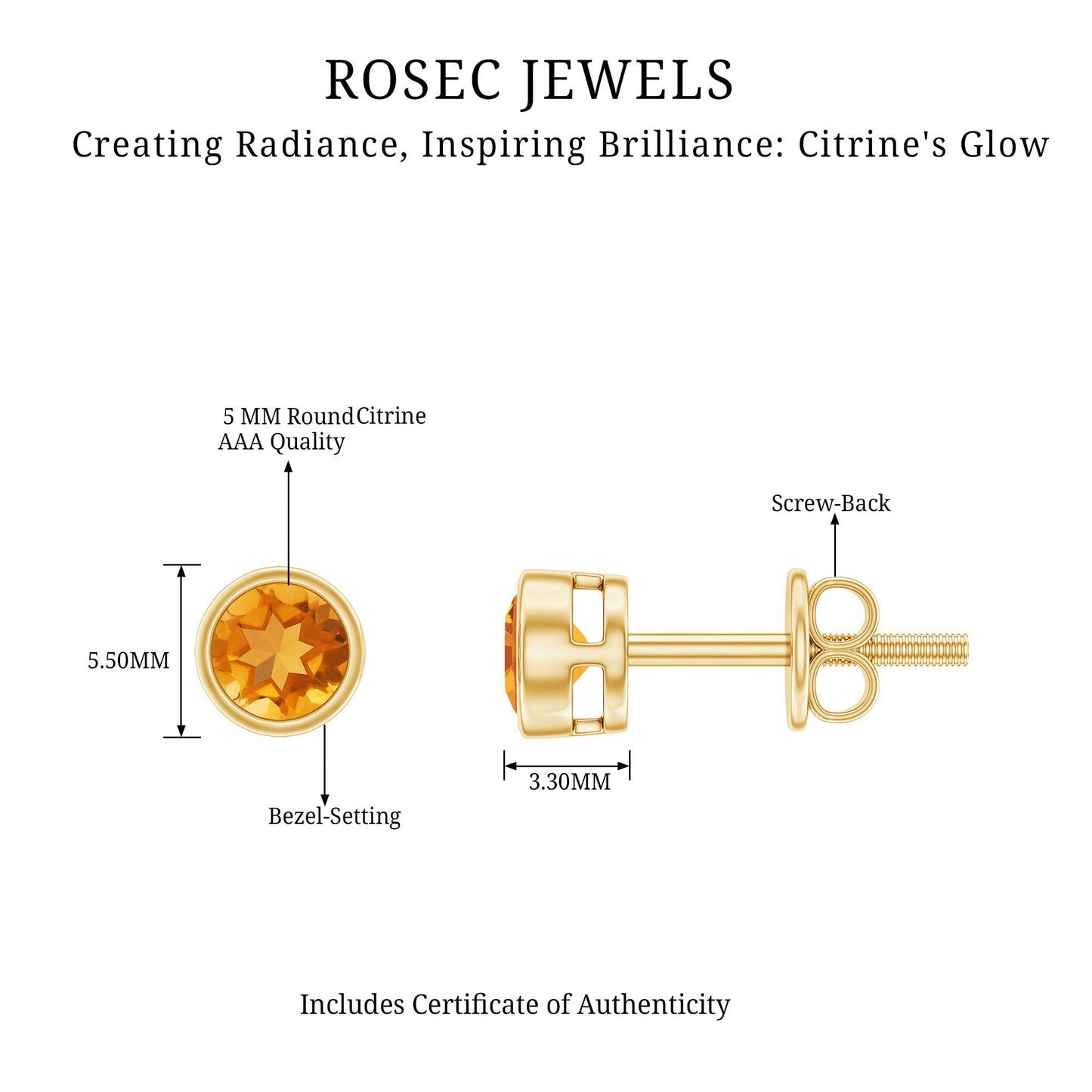 Solitaire 1 Carat Citrine Stud Earrings in Bezel Setting