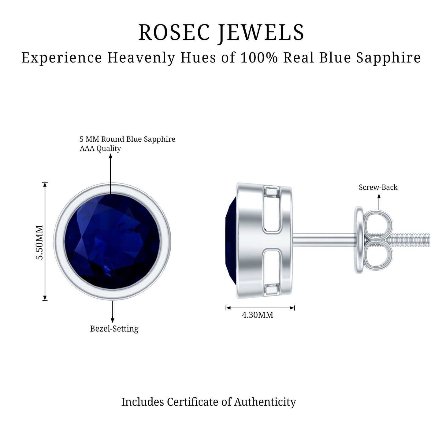 1.9 Carat Bezel Set Blue Sapphire Solitaire Stud Earrings