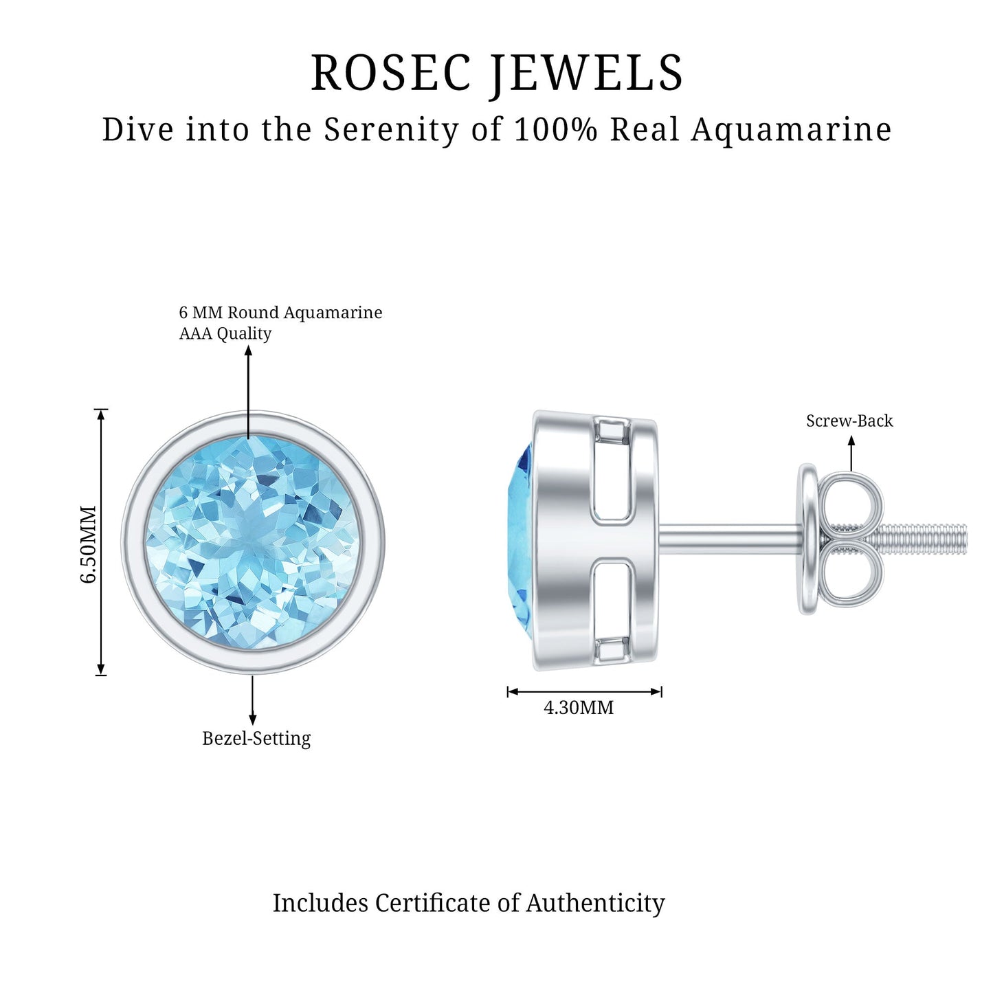 Natural 1.6 Carat Aquamarine Stud Earrings in Bezel Setting