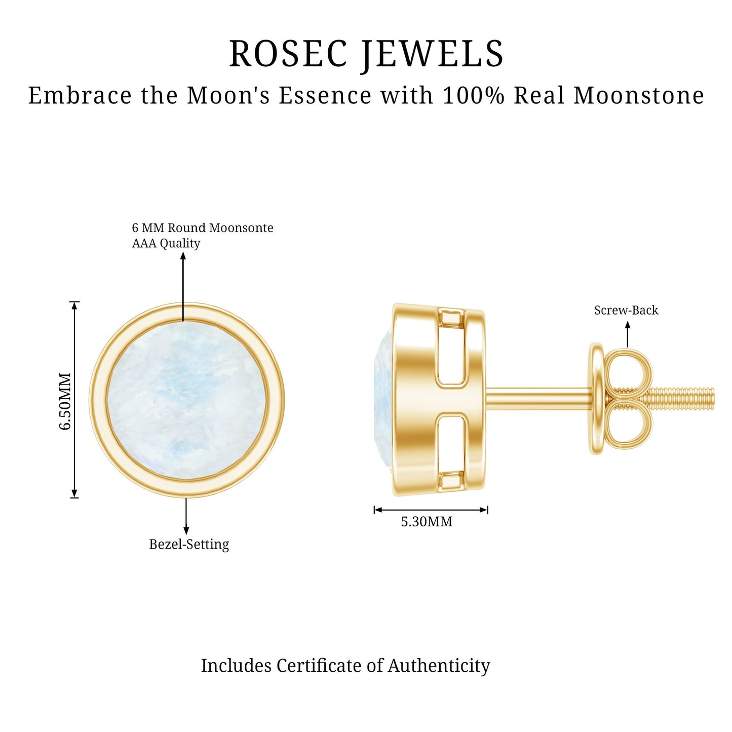 Real Moonstone Solitaire Stud Earrings in Bezel Setting