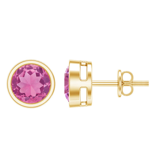 Round Pink Tourmaline Solitaire Stud Earrings