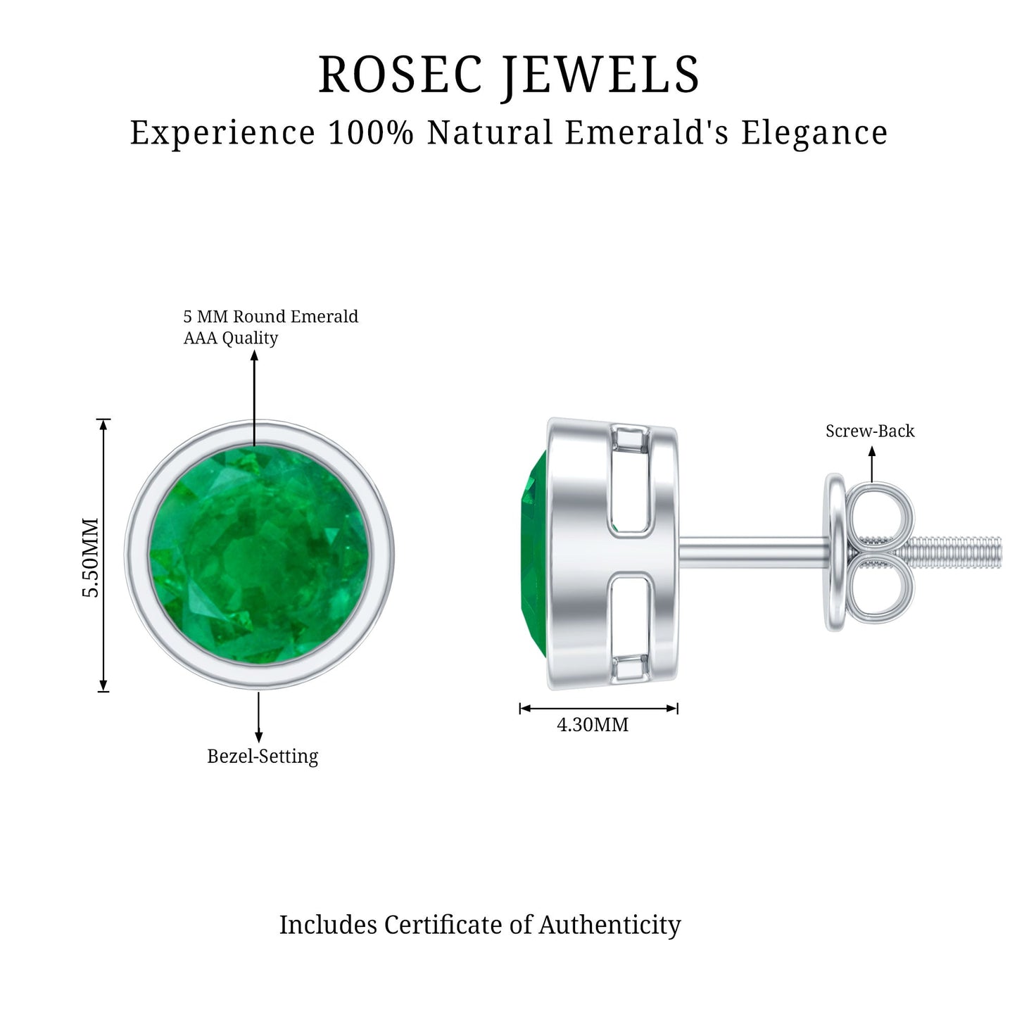 Bezel Set Round Emerald Solitaire Stud Earrings