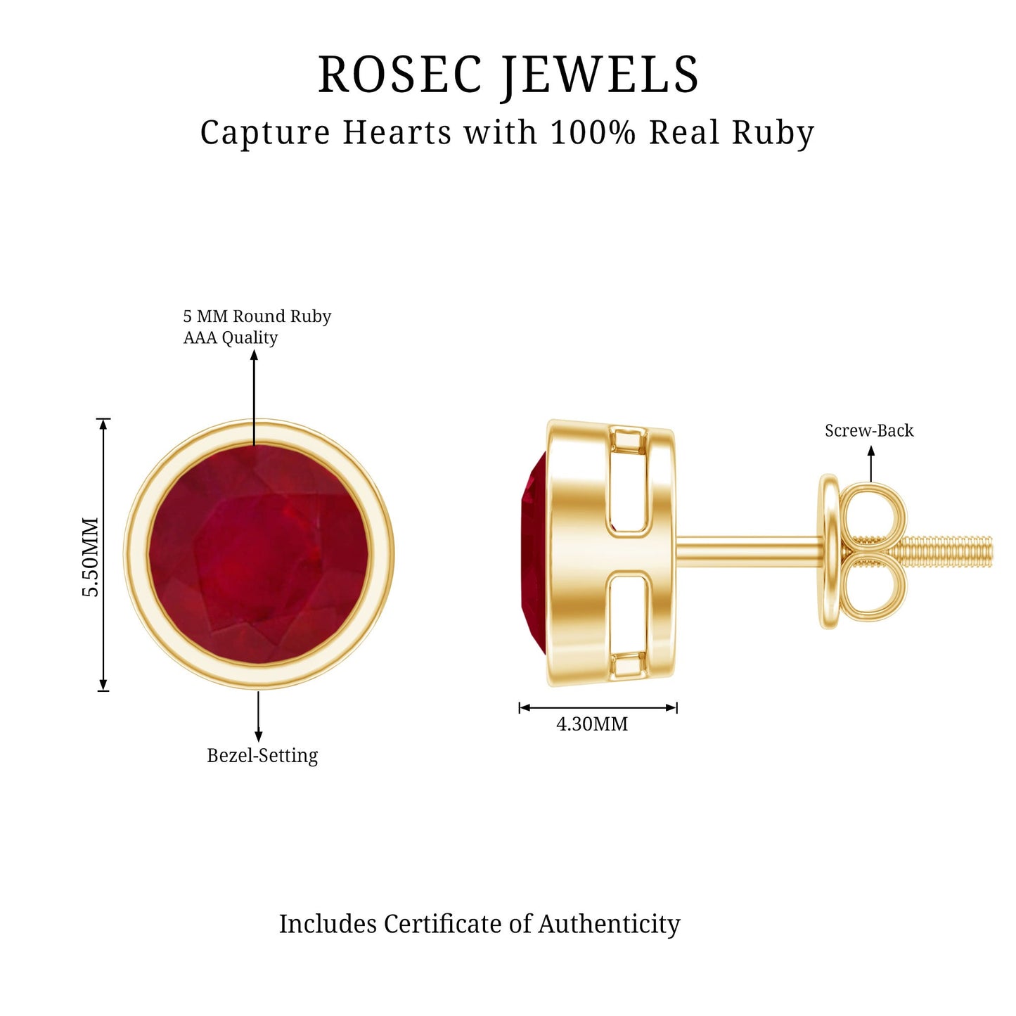 1.3 Carat Bezel Set Genuine Ruby Solitaire Stud Earrings