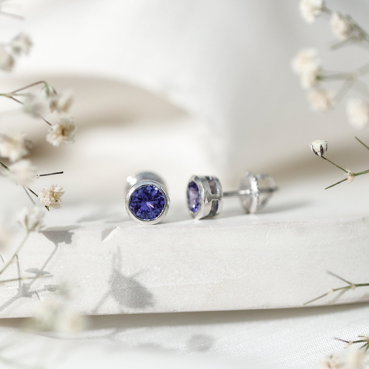 Natural 1 Carat Blue Tanzanite Solitaire Stud Earrings in Bezel Setting