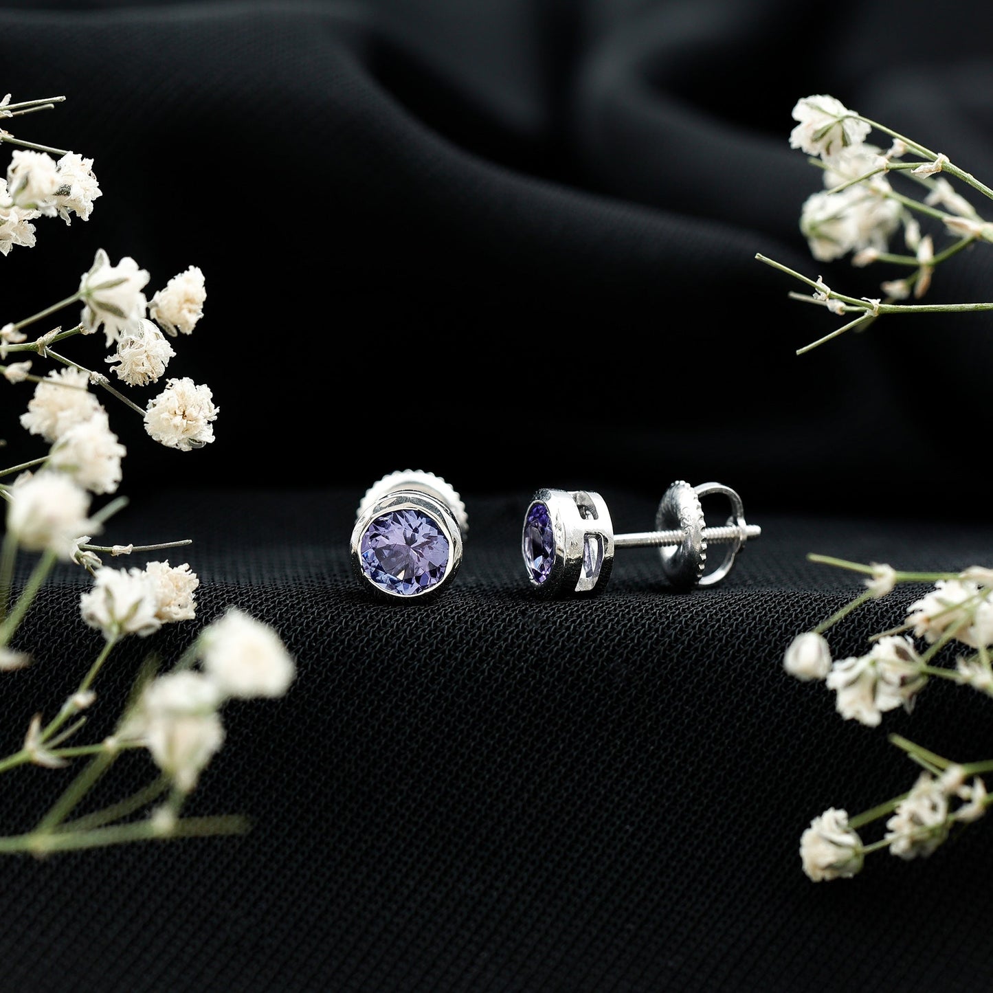 Natural 1 Carat Blue Tanzanite Solitaire Stud Earrings in Bezel Setting