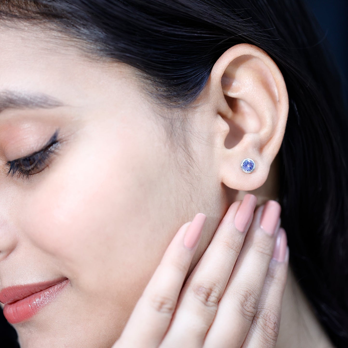 Natural 1 Carat Blue Tanzanite Solitaire Stud Earrings in Bezel Setting