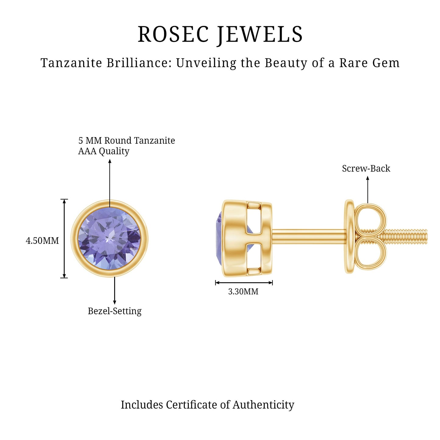 Natural 1 Carat Blue Tanzanite Solitaire Stud Earrings in Bezel Setting