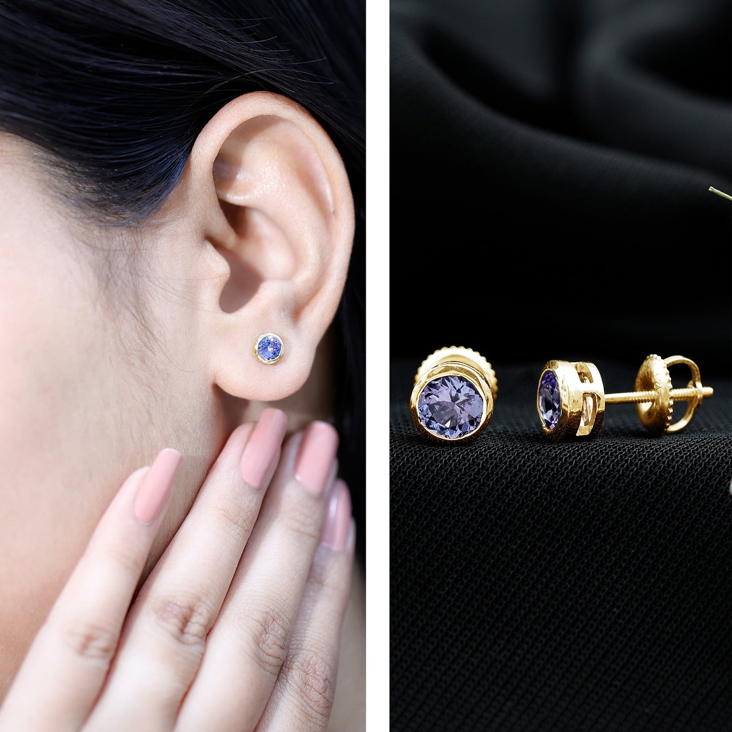 Natural 1 Carat Blue Tanzanite Solitaire Stud Earrings in Bezel Setting