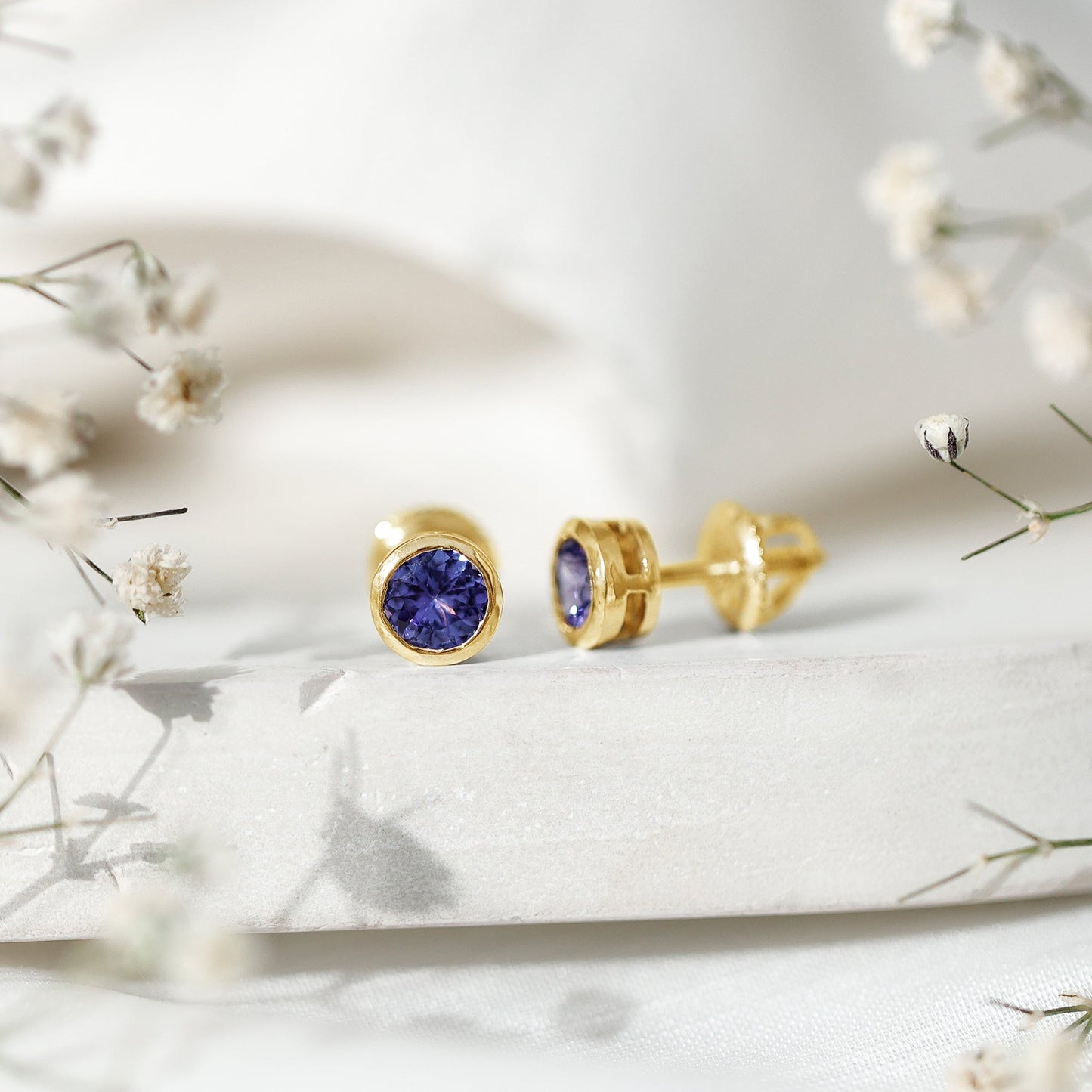 Natural 1 Carat Blue Tanzanite Solitaire Stud Earrings in Bezel Setting