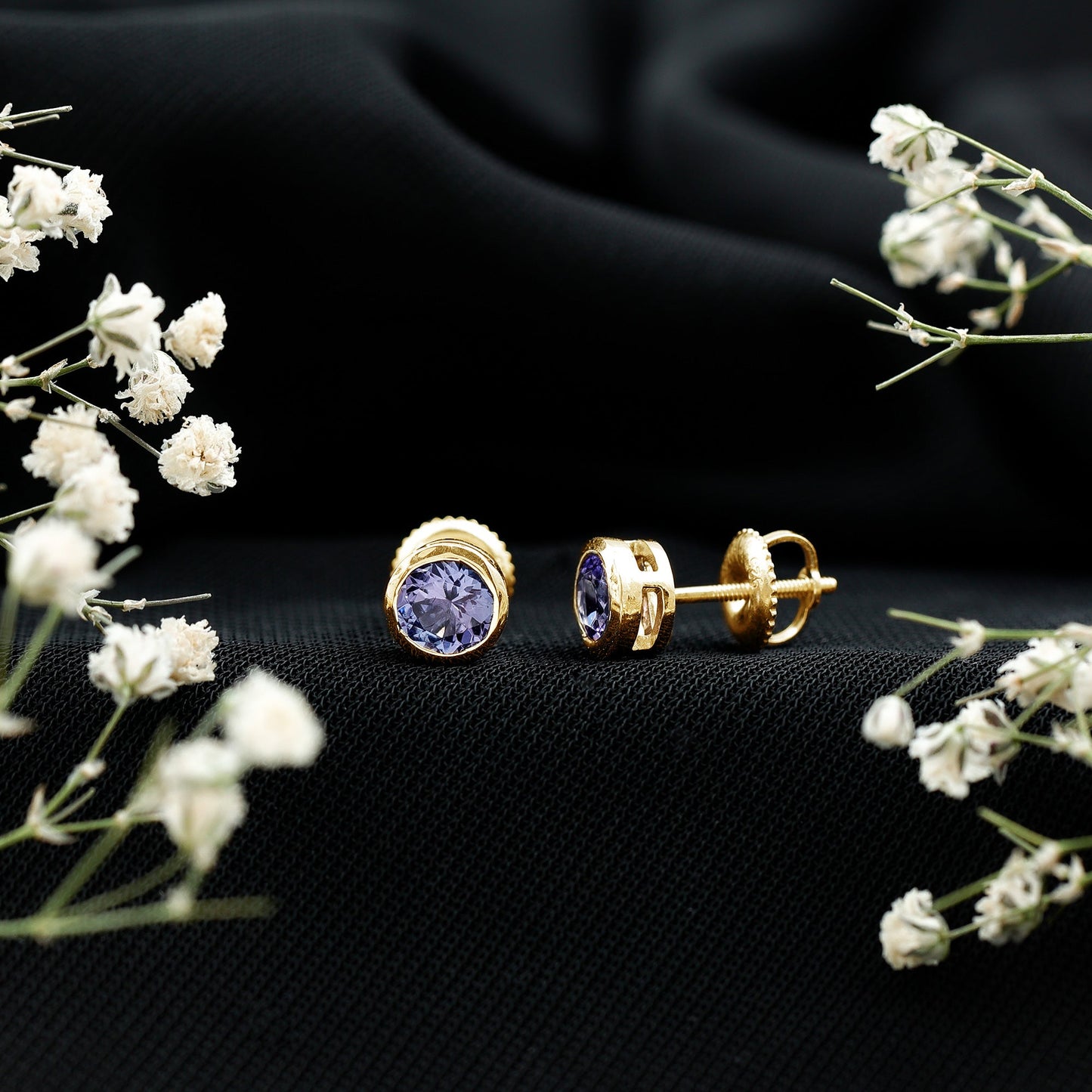 Natural 1 Carat Blue Tanzanite Solitaire Stud Earrings in Bezel Setting