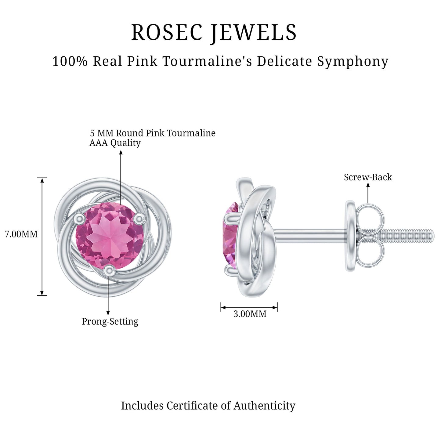 0.9 Carat Solitaire Pink Tourmaline Swirl Stud Earrings