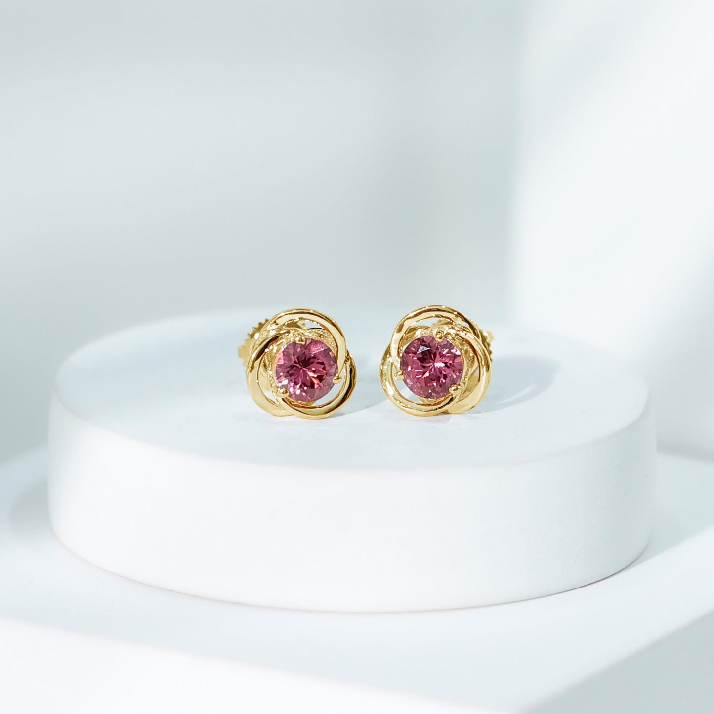 0.9 Carat Solitaire Pink Tourmaline Swirl Stud Earrings