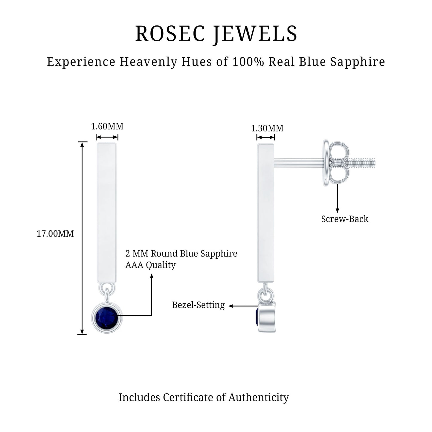 Round Blue Sapphire Bar Drop Earrings for Women
