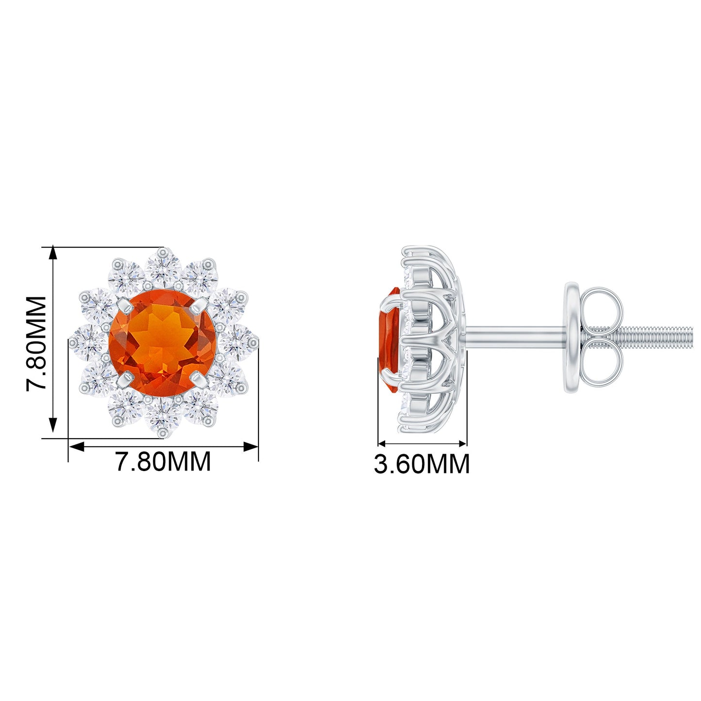 Round Fire Opal and Diamond Flower Halo Stud Earrings