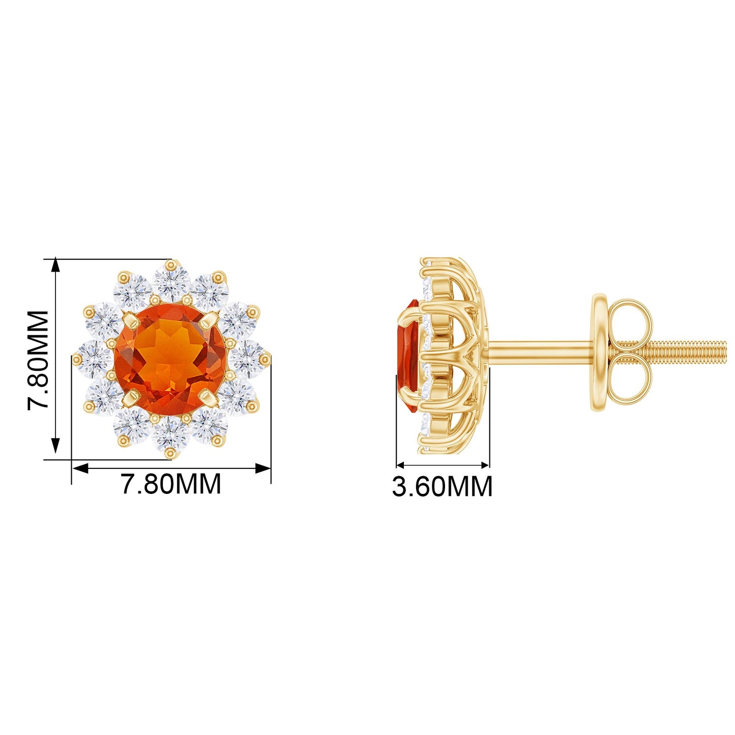 Round Fire Opal and Diamond Flower Halo Stud Earrings