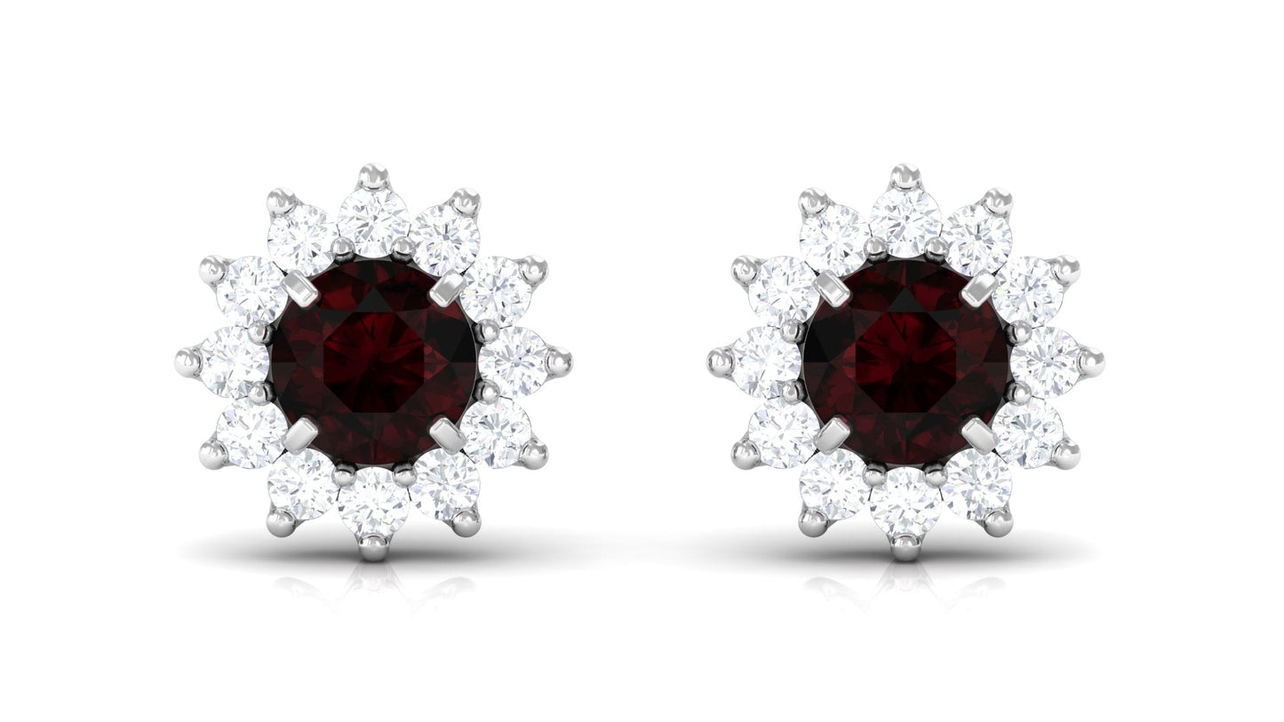 Natural Garnet and Diamond Flower Halo Stud Earrings