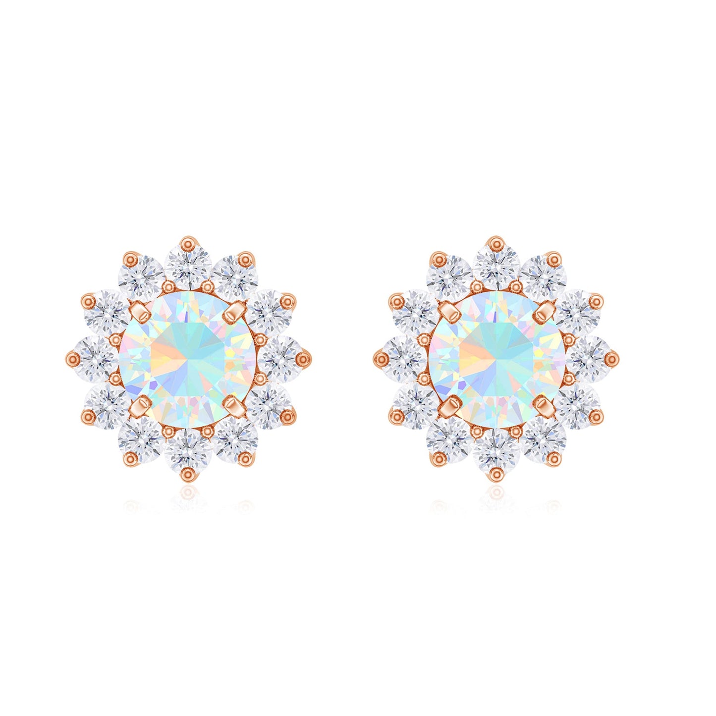 Real Ethiopian Opal Flower Stud Earrings with Diamond Halo