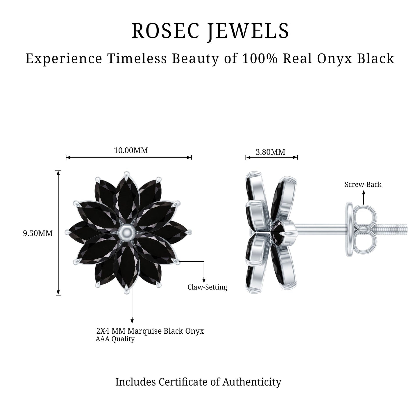 Marquise Shape Black Onyx Floral Statement Stud Earrings