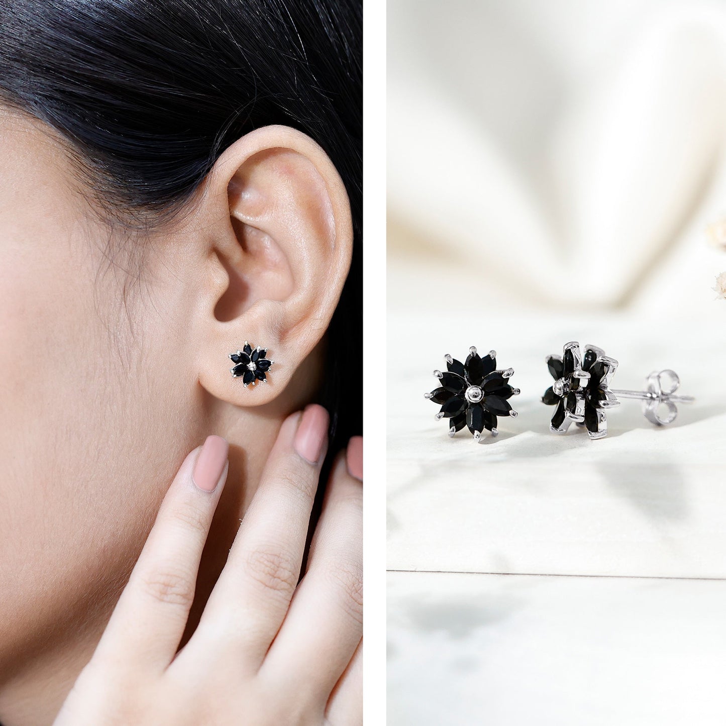 Marquise Shape Black Onyx Floral Statement Stud Earrings