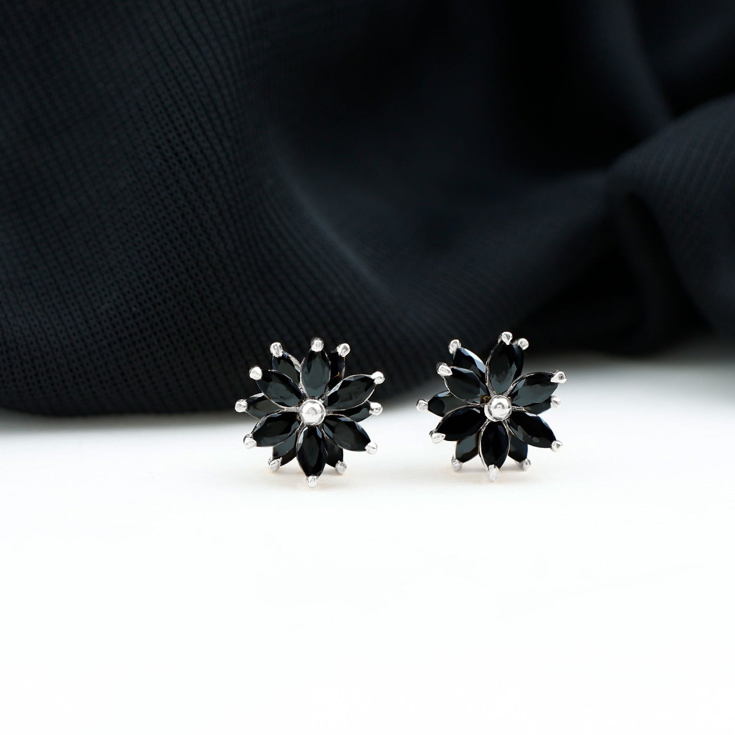 Marquise Shape Black Onyx Floral Statement Stud Earrings