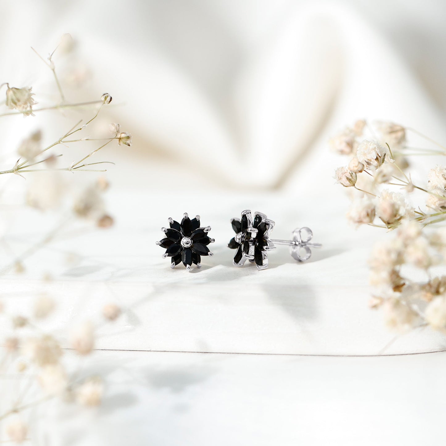 Marquise Shape Black Onyx Floral Statement Stud Earrings