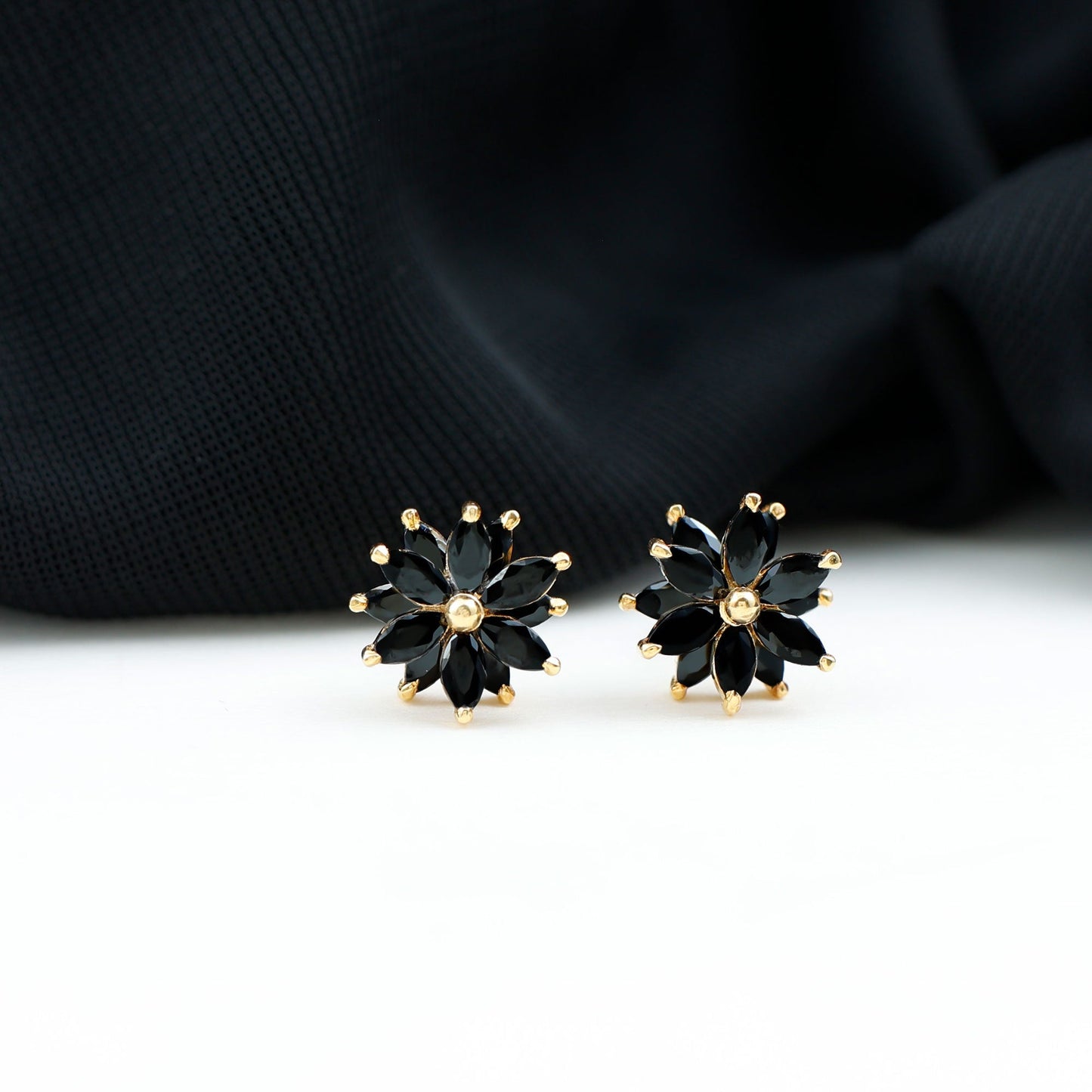Marquise Shape Black Onyx Floral Statement Stud Earrings