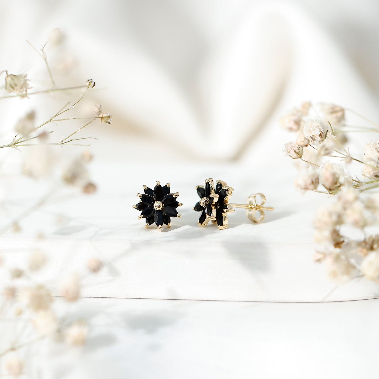 Marquise Shape Black Onyx Floral Statement Stud Earrings