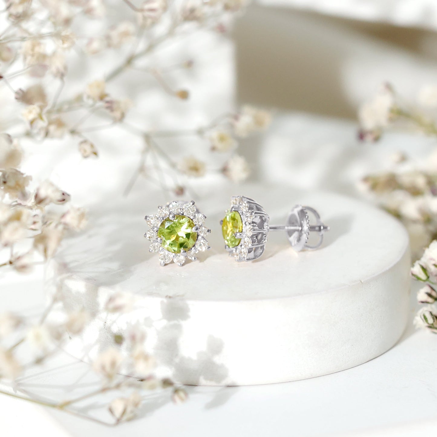 1 Carat Peridot Stud Earrings with Diamond Halo