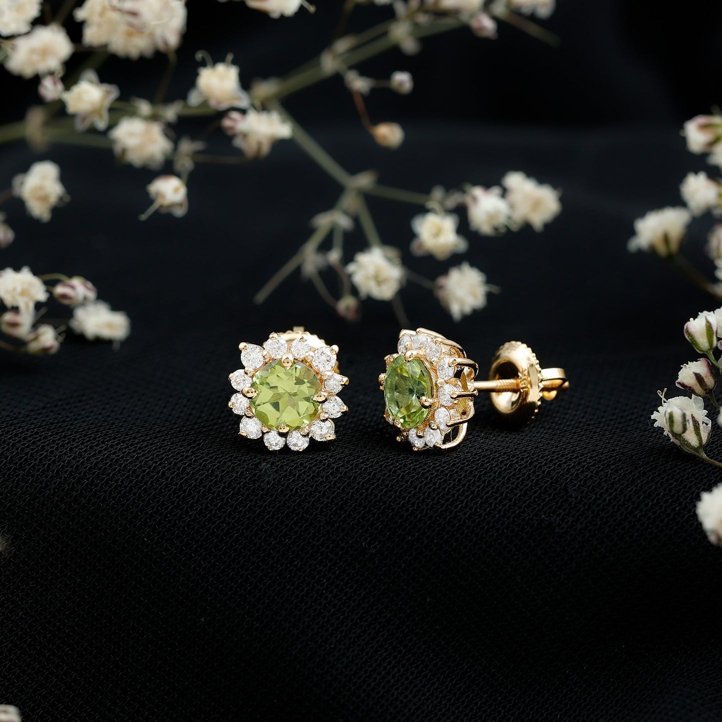 1 Carat Peridot Stud Earrings with Diamond Halo